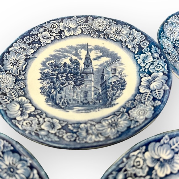 Staffordshire Other - 4 Vtg Liberty Blue Old North Church 5.75 inches saucersColonial Scenes Pre-Owned